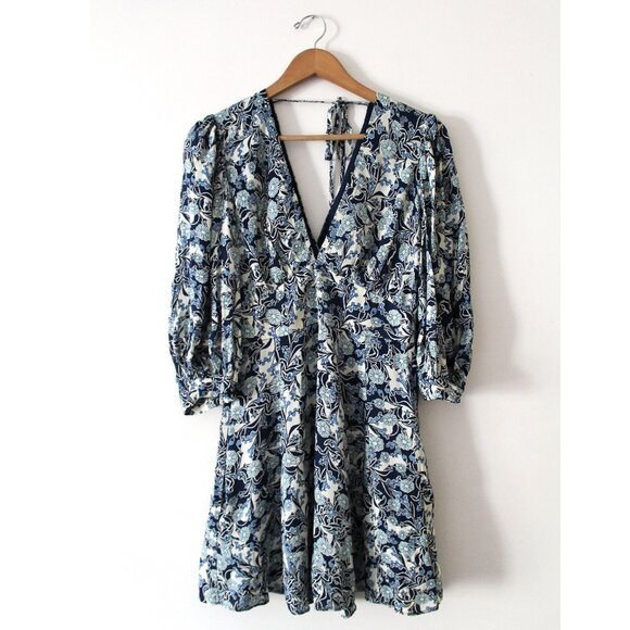 REISS Daisy Puff Sleeve Print Mini Dress / Size 6 / Blue White Floral V-Neck - Picture 5 of 13